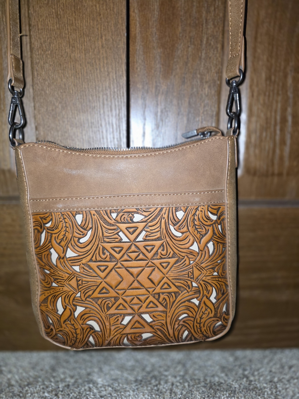 Tooled Leather Crossbody Bag in Tan